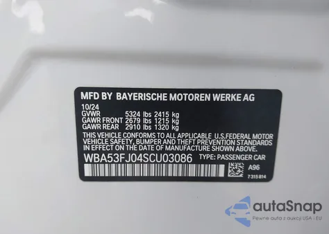 2025 BMW 530I xDrive из США, поврежденный, VIN WBA53FJ04SCU03086